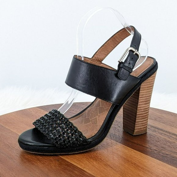 Lucky Brand Putnam Heels 9 M 39 Black Leather Woven Strap Stacked Ankle Buckle - Picture 1 of 13